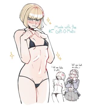 2girls anger_vein aqua_eyes ass averting_eyes bare_arms bikini black_bikini blonde_hair blush bob_cut breasts commentary cowboy_shot cropped_legs embarrassed english_commentary english_text furrowed_brow hair_ornament hairband hands_on_own_chest hands_up highres inverted_bob jacket kirifuji_nozomi long_hair micro_bikini multiple_girls navel nervous_sweating nose_blush novemblem oosuzuki_kurara open_clothes open_jacket parted_lips partially_colored shirt short_hair simple_background skirt small_breasts solo_focus sparkle stomach sweat swimsuit the_hundred_line_-last_defense_academy- trembling white_background white_mouth