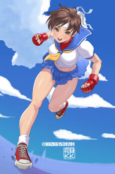 Rule 34 | 1girl, artist logo, blue sailor collar, blue sky, brown eyes, brown hair, capcom, cloud, fingerless gloves, gloves, headband, highres, kasugano sakura, kkzk61539201, legs, logo, miniskirt, sailor collar, shiny skin, shoes, short hair, skirt, sky, sneakers, solo, street fighter, street fighter zero, street fighter zero (series), white headband