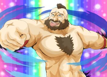 Rule 34 | 1boy, ahegao, beard, capcom, facial hair, heaven condition, kurogane (scrapsteel), male focus, muscular, parody, scar, solo, standing, street fighter, upper body, zangief