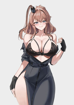 1girl absurdres black_bra black_dress black_gloves bra breasts brown_hair cowboy_shot dimos_(dawn_1945) dress fingerless_gloves gloves grey_eyes high_side_ponytail highres kantai_collection large_breasts long_hair looking_at_viewer open_clothes open_dress ponytail saratoga_(kancolle) saratoga_mk_ii_(kancolle) side_ponytail smile smokestack_hair_ornament solo underwear