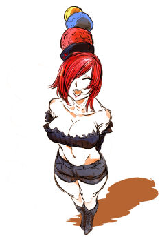 Rule 34 | 1girl, bare shoulders, black boots, black shorts, black tube top, boots, breasts, cleavage, collarbone, hecatia lapislazuli, highres, kyanduru, large breasts, red hair, short hair, shorts, simple background, solo, strapless, touhou, tube top, white background