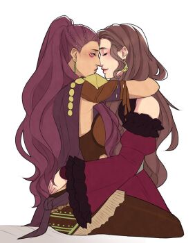 2girls aquiline_nose arms_around_neck bad_id bad_twitter_id bare_shoulders blush breasts brown_hair closed_eyes dark-skinned_female dark_skin dorothea_arnault dorothea_arnault_(timeskip) dress earrings fire_emblem fire_emblem:_three_houses imminent_kiss jewelry large_breasts long_hair multiple_girls nintendo nose petra_macneary petra_macneary_(timeskip) ponytail rani_ki red_dress sitting smile yuri