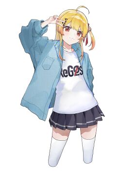 1girl :3 absurdres ahoge arm_at_side black_skirt blonde_hair blue_jacket closed_mouth clothes_writing commentary cropped_legs double-parted_bangs fortissimo hair_ornament hand_up highres hololive hololive_dev_is jacket long_hair long_sleeves miniskirt musical_note musical_note_hair_ornament one_side_up open_clothes open_jacket otonose_kanade pleated_skirt print_shirt red_eyes shirt simple_background skirt solo star_(symbol) star_in_eye suba121900 symbol-only_commentary symbol_in_eye t-shirt thighhighs v v-shaped_eyebrows virtual_youtuber white_background white_shirt white_thighhighs zettai_ryouiki