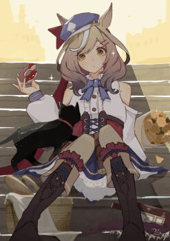 1girl absurdres animal_ears bare_shoulders basket black_cat blue_bow blue_hat blue_skirt blush boots bouquet bow breasts brown_boots brown_hair cat center_frills closed_mouth clothing_cutout collared_shirt commentary_request corset donut ears_through_headwear eating flower food frills hair_ornament hairclip hat highres holding holding_donut holding_food horse_ears horse_girl kneehighs long_sleeves looking_at_viewer matikanetannhauser_(panpaka_tiltott)_(umamusume) matikanetannhauser_(umamusume) medium_hair multicolored_hair newsboy_cap parallel_hairclips red_corset shikahisa_totani shirt shoulder_cutout sitting sitting_on_stairs skirt socks solo stairs streaked_hair tilted_headwear umamusume white_shirt white_skirt yellow_eyes