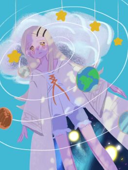 1girl a_world_underneath aqua_background blonde_hair blush bright_pupils camisole cloud coat colored_eyelashes commentary_request dutch_angle earth_(planet) feet_out_of_frame gakuen_idolmaster grey_shorts hair_ornament hairclip highres idolmaster konparu_(konparunemunemu) long_hair long_sleeves moon orange_eyes parallel_hairclips parted_lips planet shinosawa_hiro shorts solar_system solo space star_(sky) star_(symbol) white_camisole white_pupils wide_sleeves yellow_coat