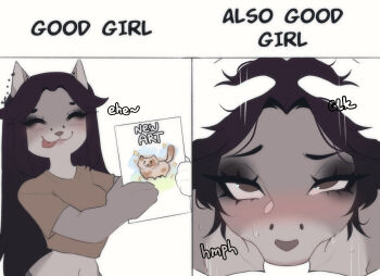 1boy 1girl :3 :q black_hair blush brown_shirt cat_girl colored_skin crop_top cropped_shirt english_text fellatio grey_skin hetero highres holding holding_paper long_hair multiple_views navel oral original paper penis shirt smile sparkle tongue tongue_out uchachan