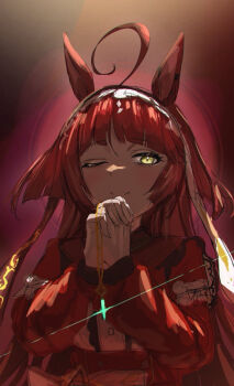 1girl ahoge animal_ears blunt_bangs blunt_ends blunt_sidelocks blush closed_mouth cross dress hairband holding holding_cross horse_ears horse_girl jime_asyl long_hair looking_at_viewer one_eye_closed own_hands_clasped own_hands_together red_desire_(umamusume) red_dress red_hair red_hairband sidelocks smile solo umamusume yellow_eyes