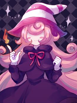 1girl alternate_skin_color blush_stickers bow capelet checkered_background colored_skin curly_hair dress facing_viewer fire gloves hair_over_eyes hands_up hat highres humanization index_finger_raised long_hair long_sleeves mario_(series) neck_ribbon nintendo o0v0opotet paper_mario paper_mario:_the_thousand-year_door pink_hair purple_capelet purple_dress pyrokinesis red_bow ribbon smile solo sparkle striped_clothes striped_headwear very_long_hair vivian_(paper_mario) w_arms white_gloves white_skin witch_hat