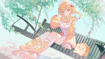 Rule 34 | 1girl, absurdres, apron, arm at side, arm support, blonde hair, braid, braided twintails, branch, character request, closed mouth, commentary, copyright request, creature, day, dutch angle, frilled apron, frills, full body, h0kori, hair intakes, hand up, highres, jacket, leg warmers, long hair, long sleeves, maid apron, maid headdress, on bench, orange eyes, outdoors, shoes, sitting, smile, sneakers, solo, star (symbol), star in eye, untranslatable commentary, symbol in eye, twin braids, virtual youtuber, white apron, yellow jacket, yellow leg warmers, yellow shoes, yellow theme