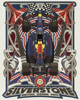 absurdres aircraft airplane car chuangraphics electric_guitar english_text flower formula_one formula_racer guitar highres instrument motor_vehicle no_humans poster_(medium) race_vehicle racecar red_bull red_bull_rb21 silverstone union_jack vehicle_focus