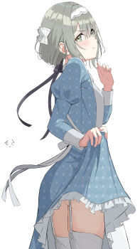 1girl absurdres apron ass black_ribbon closed_mouth clothes_lift dress dress_lift embarrassed furrowed_brow gakuen_idolmaster garter_straps green_dress green_eyes grey_hair hair_ribbon hand_up highres hiwatari_kanae idolmaster long_sleeves looking_at_viewer maid maid_headdress puffy_sleeves ribbon sangatsu_(user_yssu3243) scowl simple_background solo thighhighs water_drop_print white_apron white_background white_thighhighs