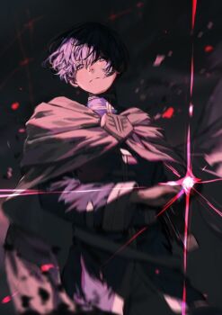 1boy blue_eyes blue_hair blue_jacket capelet closed_mouth commentary_request himmel_(sousou_no_frieren) holding holding_sword holding_weapon jacket looking_at_viewer mmi_ryu motion_blur pants short_hair solo sousou_no_frieren sword weapon white_capelet white_pants