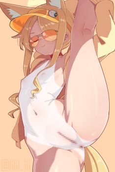 1girl animal_ears anus blonde_hair blue_archive bodypaint censored commentary_request fox_ears loli mosaic_censoring navel nipples official_alternate_costume paid_reward_available painted_clothes pussy seia_(blue_archive) seia_(swimsuit)_(blue_archive) solo special_cat split standing standing_on_one_leg standing_split sunglasses tail tan tanline visor_cap