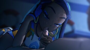 1boy 1girl 3d blue_eyes clothed_female_nude_male cum cum_in_mouth cum_on_body earrings facial fellatio greatm8 hetero highres jewelry makeup mascara multicolored_hair nessa_(pokemon) nintendo nude oral penis pokemon pokemon_swsh shoes shorts uncensored
