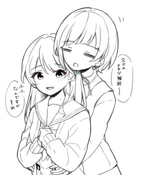 2girls :d blush cardigan commentary dress earrings greyscale hasu_no_sora_school_uniform hug hug_from_behind jewelry link!_like!_love_live! long_hair long_sleeves love_live! mole mole_on_neck monochrome multiple_girls murano_sayaka neckerchief open_cardigan open_clothes open_mouth sailor_collar sailor_dress school_uniform shiro_(white_2530) short_hair smile star_(symbol) star_earrings sweater translation_request upper_body vest virtual_youtuber winter_uniform yugiri_tsuzuri yugiri_tsuzuri_(post-graduation)