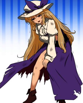 1girl absurdres blonde_hair boots brown_boots collared_shirt commentary_request defeat dress hat hat_ribbon highres injury long_hair long_sleeves monadmandara open_mouth pain purple_dress purple_ribbon ribbon shirt side_slit smile solo torn_clothes torn_dress touhou trembling very_long_hair watatsuki_no_toyohime white_hat white_shirt