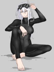 Rule 34 | 1girl, barefoot, black wetsuit, bodysuit, breasts, diving mask, diving mask on head, diving suit, feet, fuku (fuku12290574), goggles, goggles on head, grey eyes, highres, large breasts, long hair, looking at viewer, military, open mouth, original, scuba, snorkel, soles, solo, swimsuit, toes, wetsuit, white hair
