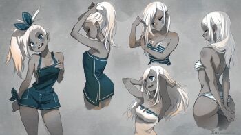 1girl absurdres ass blue_eyes breasts closed_eyes closed_mouth commentary cropped_legs dark-skinned_female dark_skin english_commentary grey_background grey_hair grin highres long_hair looking_at_viewer medium_breasts multiple_views open_mouth original smile standing xaxaxa