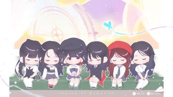 6+girls black_hat blue_butterfly blunt_bangs blush braid braided_ponytail bug butterfly chibi chinese_commentary chu_0618 closed_eyes commentary eunha_(gfriend) facebook_username gfriend grey_necktie half_updo hat highres holding insect long_hair multiple_girls necktie puffy_short_sleeves puffy_sleeves red_hair red_hat shirt short_hair short_sleeves sinb_(gfriend) sitting socks song_name sowon_(gfriend) twitter_username umji_(gfriend) white_shirt white_socks yerin_(gfriend) yuju_(gfriend)