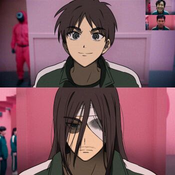 2boys absurdres age_comparison bandage_over_one_eye bandaged_head bandages before_and_after blurry blurry_background brown_hair closed_mouth dual_persona eren_yeager facial_hair gongnam green_eyes green_jacket hair_between_eyes hair_over_one_eye highres jacket long_bangs long_hair long_hair_between_eyes looking_at_viewer male_focus meme multiple_boys mustache parody partially_shaded_face photo_background reference_inset serious shingeki_no_kyojin short_hair smile split_mouth spoilers squid_game thick_eyebrows track_jacket tsurime unamused very_short_hair year_1_&amp;_year_2_(squid_game)_(meme)