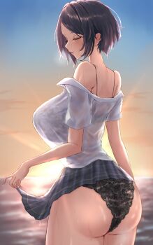 1girl absurdres ass bare_shoulders black_hair black_panties blue_skirt breasts closed_eyes commentary_request curvy hayami_kanade highres huge_breasts idolmaster idolmaster_cinderella_girls panties parted_bangs parted_lips see-through_clothes see-through_shirt shirt short_hair skirt solo thighs torishu_(kumataka_4867) underwear wet wet_clothes wet_shirt white_shirt