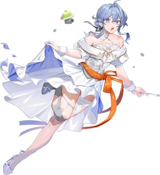 1girl asymmetrical_legwear blue_eyes blue_hair breasts cleavage clothes_lift collarbone dress drew_(drew213g) fork full_body gotland_(anniversary)_(kancolle) gotland_(kancolle) hair_between_eyes hair_bun kantai_collection large_breasts looking_at_viewer mismatched_legwear mole mole_under_eye official_art orange_ribbon ribbon sheep single_hair_bun skirt skirt_lift smile solo thighhighs torn_clothes torn_thighhighs transparent_background white_dress