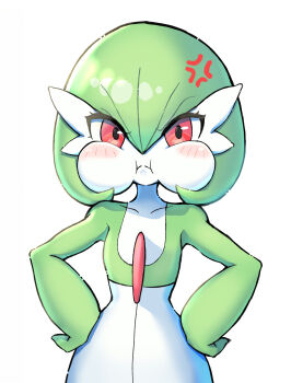 1girl :i anger_vein angry blush bob_cut closed_mouth collarbone colored_skin female_focus flat_chest gardevoir gen_3_pokemon green_hair green_skin hair_between_eyes hands_on_own_hips looking_at_viewer multicolored_skin nintendo pokemon pokemon_(creature) puffy_cheeks red_eyes sara_(sublender1234) short_hair simple_background solo split_mouth standing two-tone_skin upper_body v-shaped_eyebrows white_background white_skin