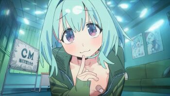 1boy animated animated_gif anime_screenshot aqua_hair bandaid bandaids_on_nipples choker indoors jacket looking_at_viewer male_with_breasts official_art open_clothes open_jacket otori_tan pasties plaster puffy_male_chest seitokai_ni_mo_ana_wa_aru! smile trap