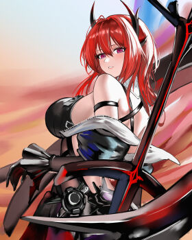 1girl absurdres arknights arknights:_endfield black_dress black_gloves black_wrist_cuffs commentary_request criss-cross_straps dress elbow_gloves from_side gloves hair_between_eyes highres horns hua_hai_qishi laevatain_(arknights) looking_at_viewer medium_hair off_shoulder parted_lips purple_hair red_eyes solo surtr_(arknights) sword sword_on_back turning_head upper_body weapon weapon_on_back wrist_cuffs