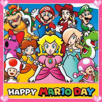 5boys 6+girls birdo blonde_hair blue_dress blue_eyes bow bowser bowtie breasts brown_hair claws crossed_arms crown dress earrings eyeshadow facial_hair flower_earrings gloves grin hair_over_one_eye hand_on_own_hip hat highres jewelry lipstick long_hair looking_at_viewer luigi makeup mario mario_(series) multiple_boys multiple_girls mustache nintendo official_art one_eye_closed open_mouth orange_dress pauline_(mario) pink_dress princess_daisy princess_peach puffy_short_sleeves puffy_sleeves red_dress red_hair rosalina short_sleeves smile spiked_shell standing third-party_edit toad_(mario) toadette wand waving wink yoshi