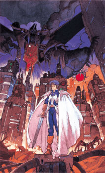 Rule 34 | 1980s (style), 1boy, alien, armor, belt, blue hair, boots, box art, brown boots, building, cable, cape, city, cityscape, cloud, commentary, dark falz, debris, drone, dust, dust cloud, english commentary, eusis landale, fantasy, full body, giant, giant monster, gloves, headband, headpiece, highres, holding, holding sword, holding weapon, knight, male focus, monster, official art, oldschool, painting (medium), phantasy star, phantasy star ii, production art, retro artstyle, ruins, scan, science fiction, signature, solo, spacecraft, standing, sword, traditional media, weapon, window, yoneda hitoshi