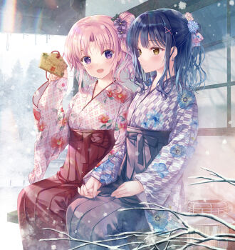 Rule 34 | 2girls, :d, black hair, black hakama, blue flower, blush, branch, brown eyes, commentary request, day, ema, floral print, flower, hair bun, hair flower, hair ornament, hakama, hakama skirt, hand up, highres, holding, holding hands, interlocked fingers, izumi kaori (twinbox), japanese clothes, kimono, long hair, long sleeves, multiple girls, nail art, nail polish, nanami yuuno, open mouth, outdoors, parted bangs, pink hair, print kimono, purple eyes, red hakama, side bun, single hair bun, single side bun, sitting, skirt, sleeves past wrists, smile, snow, sousouman, twinbox school, white flower, white kimono, wide sleeves, x hair ornament, yagasuri
