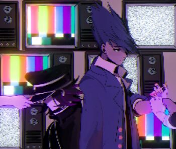 2boys 2others back-to-back black_cape black_hat cape collared_shirt commentary crt danganronpa_(series) danganronpa_v3:_killing_harmony dial_television english_commentary facial_hair flipped_hair from_side goatee hat height_difference jacket jacket_partially_removed lovepoints male_focus momota_kaito monitor multiple_boys multiple_others oma_kokichi open_clothes open_jacket out_of_frame peaked_cap pixel_art profile shirt spiked_hair static television