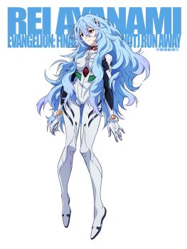 1girl absurdres ayanami_rei blue_hair breasts character_name commentary english_text evangelion:_3.0+1.0_thrice_upon_a_time full_body highres li_li_li_li_jun long_hair mecha_pilot_suit medium_breasts neon_genesis_evangelion official_alternate_hair_length official_alternate_hairstyle plugsuit_(evangelion) rebuild_of_evangelion red_eyes solo wavy_hair white_background