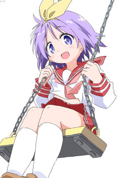 1girl absurdres bow_hairband commentary_request cynical_(llcbluckg_c004) from_below hairband highres hiiragi_tsukasa looking_at_viewer lucky_star midriff neckerchief on_swing open_mouth pleated_skirt purple_eyes purple_hair school_uniform serafuku short_hair sitting skirt smile socks solo swing swinging_on_swing