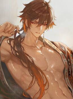 00rux 1boy abs brown_hair commentary_request earrings eyelashes genshin_impact gradient_hair hair_between_eyes hair_over_shoulder highres jewelry long_hair makeup male_focus multicolored_hair navel open_clothes orange_eyes orange_hair parted_lips pectorals ring shiny_skin simple_background single_earring solo steam tassel tassel_earrings toned toned_male upper_body wet wet_hair zhongli_(genshin_impact)