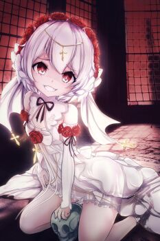 1girl :d absurdres bare_shoulders bridal_veil commentary_request dark_persona detached_sleeves dress flower full_body grin hair_flower hair_ornament highres honkai_(series) honkai_impact_3rd looking_at_viewer mao_jing open_mouth red_flower red_rose rose skull smile solo teeth theresa_apocalypse theresa_apocalypse_(luna_kindred) theresa_apocalypse_(rosy_bridesmaid)_(luna_kindred) veil wedding_dress white_dress white_sleeves yandere