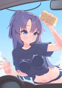 Rule 34 | 1girl, :o, absurdres, against glass, black shirt, blue archive, blue buruma, blue sky, blurry, blurry foreground, breast press, breasts, breasts on glass, buruma, car interior, cleaning, cleaning windows, commentary, cropped legs, day, depth of field, gym uniform, halo, highres, holding, holding sponge, leaning forward, long hair, lucasyecla99, mechanical halo, medium breasts, midriff, navel, outdoors, parted lips, purple eyes, purple hair, shirt, short sleeves, sky, solo, sponge, star (symbol), star sticker, sticker, sticker on face, t-shirt, tied shirt, window, yuuka (blue archive), yuuka (track) (blue archive)