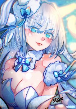 1girl animal_ears bare_shoulders blue_bow blue_eyes blue_leotard blush bow breasts cat_ears closed_mouth commentary_request dobrynya_nikitich_(fate) fate/grand_order fate_(series) fox_ears french_commentary grey_hair highres large_breasts leotard long_hair looking_at_viewer maewenmitzuki signature solo very_long_hair