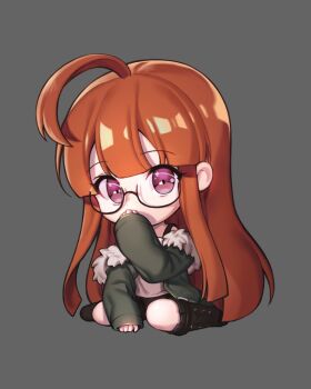 1girl ahoge arm_up black_footwear black_shorts black_tank_top black_vest blunt_bangs boots coat covering_own_mouth fur-trimmed_coat fur_trim glasses green_coat grey_background hand_on_own_face hand_over_own_mouth hand_up head_tilt hime_cut lace-up_boots legs_apart lemonpear long_hair long_sleeves naka_(na0540507) off-shoulder_shirt off_shoulder orange_hair persona persona_5 purple_eyes sakura_futaba shirt short_shorts shorts simple_background sitting sleeves_past_wrists solo_focus spread_legs tank_top undershirt vest white_shirt