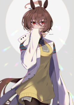 1girl absurdres agnes_tachyon_(tach-nology)_(umamusume) agnes_tachyon_(umamusume) ahoge animal_ears blush breasts brown_eyes brown_hair coat commentary_request cowboy_shot earrings grey_background hair_between_eyes highres horse_ears horse_girl horse_tail jacket jewelry koroeda6 lab_coat long_sleeves looking_at_viewer necktie pantyhose red_eyes shirt short_hair short_necktie single_earring sleeves_past_fingers sleeves_past_wrists smile solo sweater sweater_vest tail umamusume yellow_sweater yellow_sweater_vest