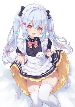 1boy :d absurdres apron black_bow black_dress blue_bow blush bow bowtie commentary commission double-parted_bangs dress fang feet_out_of_frame frilled_apron frilled_dress frills green_bow grey_hair hair_between_eyes hair_bow highres hiraga_matsuri inuyama_tamaki long_hair looking_at_viewer maid maid_headdress male_focus multiple_hair_bows noripro open_mouth pink_bow pink_bowtie red_bow short_sleeves simple_background skeb_commission skin_fang skirt_hold smile solo striped_bow striped_clothes striped_dress striped_thighhighs thighhighs trap twintails vertical-striped_clothes vertical-striped_dress virtual_youtuber white_apron white_background white_thighhighs yellow_bow yellow_eyes