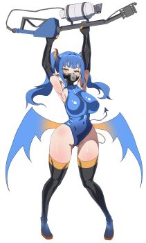 Rule 34 | 1girl, absurdres, armpits, arms up, black boots, black gloves, blu pyro (tf2), blue hair, blue leotard, boots, breasts, commission, demon girl, demon horns, demon tail, demon wings, dinsoreprong64, elbow gloves, flamethrower, full body, gas mask, genderswap, genderswap (otf), gloves, gluteal fold, halloween, halloween costume, highres, holding, holding flamethrower, holding weapon, horns, impossible clothes, impossible leotard, large breasts, latex, latex leotard, leotard, looking at viewer, mask, non-web source, pointy ears, pyro (tf2), respirator, slit pupils, solo, tail, team fortress 2, thigh boots, transparent background, twintails, weapon, wings, yellow eyes, zipper