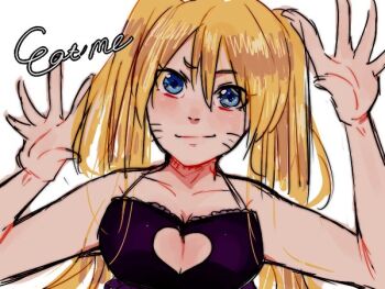 1girl blonde_hair breasts cleavage cleavage_cutout closed_mouth clothing_cutout genderswap genderswap_(mtf) heart_cutout inuyan long_hair looking_at_viewer naruko_(naruto) naruto_(classic) naruto_(series) simple_background smile solo white_background