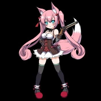 1girl :o animal_ear_fluff animal_ears bare_shoulders black_background black_bow black_thighhighs blue_eyes blush bow bowtie breasts brown_corset cleavage corset daisy_(merc_storia) dress flats fox_ears fox_girl fox_tail full_body gun highres holding holding_gun holding_weapon long_hair medium_breasts merc_storia merc_storia_art_team official_art pink_hair red_ribbon red_shoes ribbon scrunchie shoes short_dress sidelocks simple_background solo standing strapless tachi-e tail thighhighs thighs twintails underbust v-shaped_eyebrows very_long_hair weapon white_dress