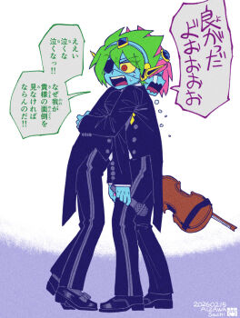 Rule 34 | 2boys, aizawa sachi, alternate costume, artist name, black pants, black shoes, black suit, blue skin, bow (music), captain spaceboy, clone, colored sclera, colored skin, commentary request, crying, dated, double-parted bangs, dual persona, eyepatch, formal clothes, green hair, hair between eyes, holding, holding bow (music), holding instrument, holding microphone, holding violin, hug, instrument, long sleeves, male focus, microphone, multiple boys, omori, open mouth, pants, pink hair, pink nails, red eyes, shoes, short hair, speech bubble, suit, sweat, teeth, tongue, translation request, upper teeth only, violin, yellow sclera