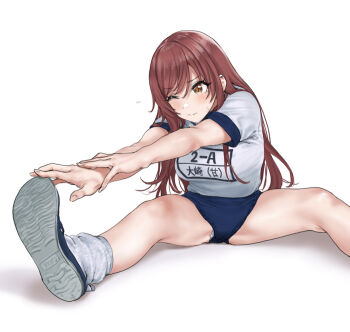 1girl blue_buruma blue_shoes blush breasts brown_hair buruma closed_mouth commentary_request commission exercising flexible gym_shirt gym_uniform hamedoragon holding_own_foot idolmaster idolmaster_shiny_colors knees legs long_hair loose_socks medium_breasts name_tag osaki_amana panties panties_under_buruma panty_peek pixiv_commission revision shadow shirt shirt_tucked_in shoe_soles shoes short_sleeves simple_background sitting socks solo spread_legs stretching sweat swept_bangs underwear uwabaki white_background white_panties white_shirt white_socks wide_spread_legs yellow_eyes
