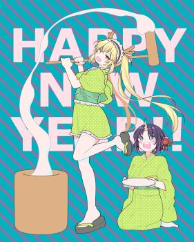 2girls alternate_costume ayak blonde_hair blue_eyes elma_(maidragon) food full_body hair_ornament hammer happy_new_year highres holding holding_hammer horns japanese_clothes kine kobayashi-san_chi_no_maidragon long_hair looking_at_another looking_at_viewer maid_headdress mallet mochi mochitsuki monster_girl multiple_girls new_year obi open_mouth purple_hair red_eyes sandals sash short_hair sitting standing teeth tohru_(maidragon) upper_teeth_only