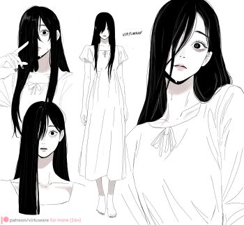 1girl absurdres bags_under_eyes black_eyes black_hair dress eyelashes hair_over_one_eye head_tilt highres long_dress long_hair looking_at_viewer open_mouth pale_skin patreon_username simple_background solo standing the_ring virtuware white_dress wide-eyed yamamura_sadako