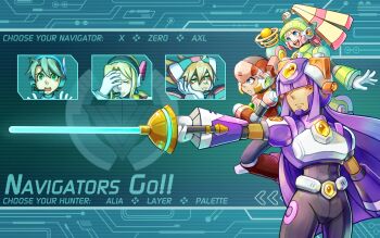 3boys 3girls adapted_costume alia_(mega_man) alternate_costume android armor axl_(mega_man) energy_sword belt blonde_hair blue_eyes blush brown_hair capcom character_name closed_eyes dark_skin fringe_trim green_eyes hair_over_eyes hand_on_forehead hand_on_own_cheek hand_on_own_face headgear helmet highres laser_blade layer_(mega_man) long_hair mega_man_(series) mega_man_x8 mega_man_x_(series) multiple_boys multiple_girls open_mouth outstretched_arm pallette_(mega_man) ponytail power_armor purple_hair rapier role_reversal running skycompass smile standing sword text_focus weapon worried x_(mega_man) zero_(mega_man)